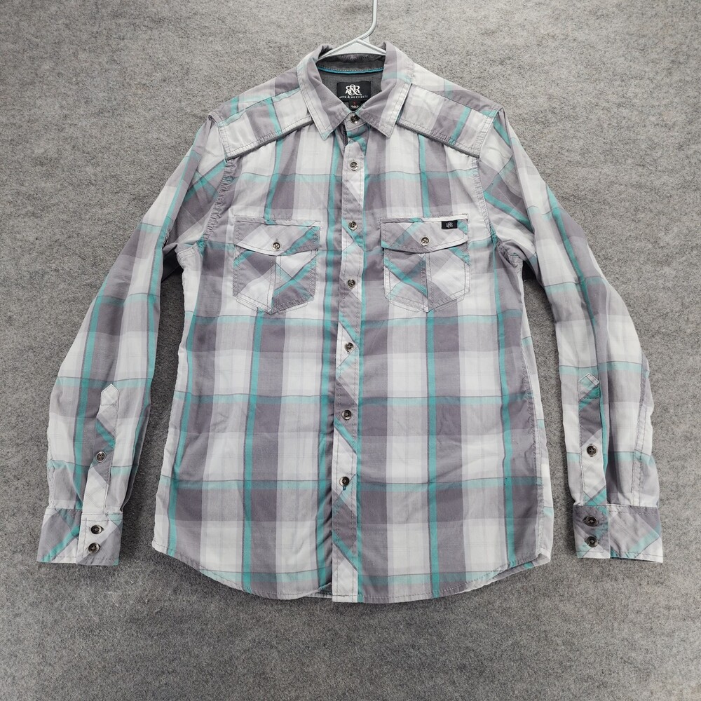 Rock Republic Shirt Mens Small Button Up Roll Tab Sleeve Gray Plaid